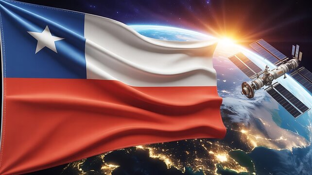 Chilean flag waving in space with satellite and earth view behind it all - Powered by Adobe