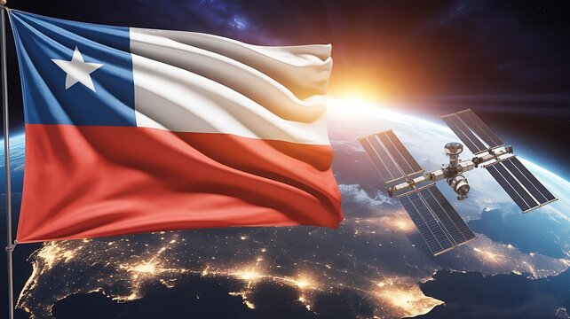 Chilean flag waving with satellite orbiting earth and sun shining in space