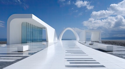 Obraz premium Sleek White Monumental Structure Featuring Modern Architecture Against a Serene Ocean Backdrop with Sky