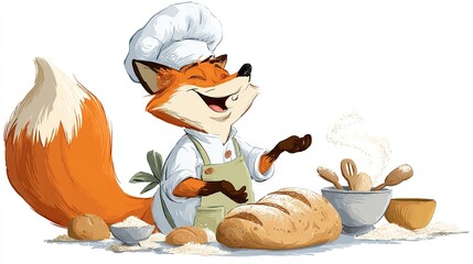A cheerful fox chef, wearing a chef's hat and apron, joyfully prepares bread, surrounded by flour and various baking ingredients