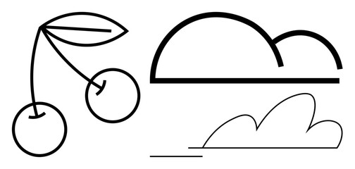 Two cherries with leaves in clean line art beside abstract cloud shapes. Ideal for nature, minimalism, eco themes, simplicity, design, organic concepts, clean visuals. Simple flat metaphor