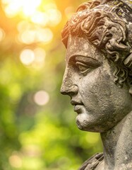Classical stone sculpture profile bathed in warm sunlight outdoors.