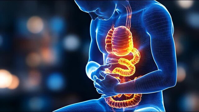 A medical illustration of a man experiencing abdominal pain, with the digestive system highlighted in glowing orange.