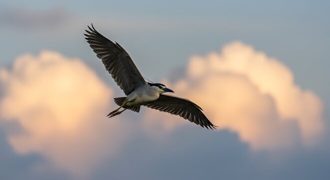 Black crowned night heron flying