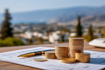 Stacked coins with an upward arrow on financial documents, symbolizing growth and investment strategies, set against a blurred urban background with greenery