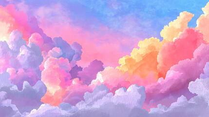 Watercolor illustration featuring fluffy clouds in vibrant pink, purple, and orange shades, creating a dreamy sky ambiance with soft textures and gradients