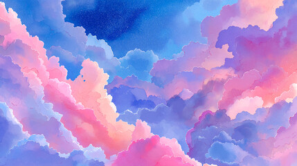 Watercolor illustration featuring fluffy clouds in vibrant pink, purple, and orange shades, creating a dreamy sky ambiance with soft textures and gradients