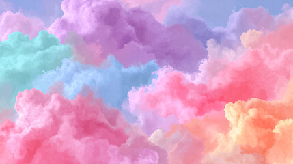 Watercolor illustration featuring fluffy clouds in vibrant pink, purple, and orange shades, creating a dreamy sky ambiance with soft textures and gradients