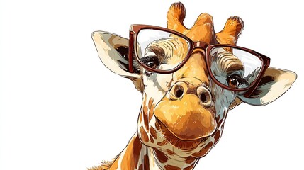 Close-up of a friendly giraffe wearing spectacles, its head and neck tilted forward,  displaying a playful expression against a white background.  The style is illustrative and vibrant