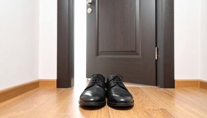 Elegant Black Dress Shoes at Home Entrance with Wooden Floor