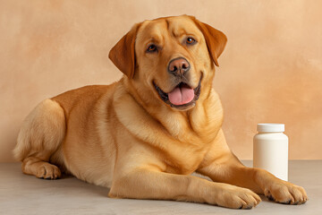 Labrador retriever dog with a joyful expression lying beside a white container of pet supplements on a soft surface against a warm orange background