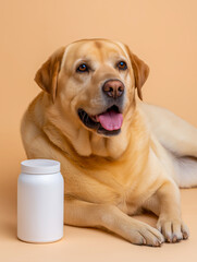 Labrador retriever dog with a joyful expression lying beside a white container of pet supplements on a soft surface against a warm orange background