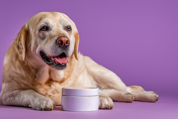 Labrador retriever dog with a joyful expression lying beside a white container of pet supplements on a soft surface against a warm orange background