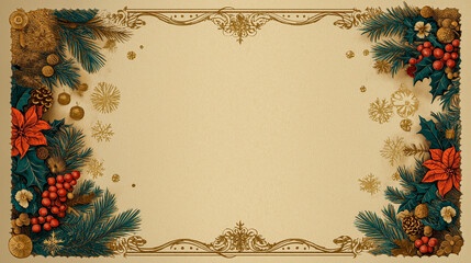 Vintage holiday card design featuring intricate floral patterns, holly leaves, and berries, with ample blank space for personal messages and festive greetings