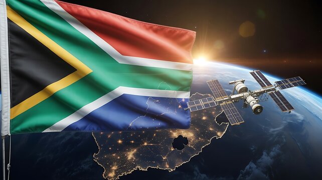 South africa flag with space station orbiting above earth with sun flare light