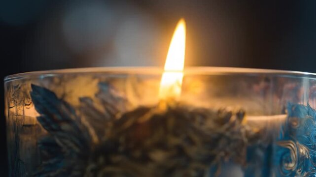 A candle flame burns in a decorative glass container with swirling smoke
