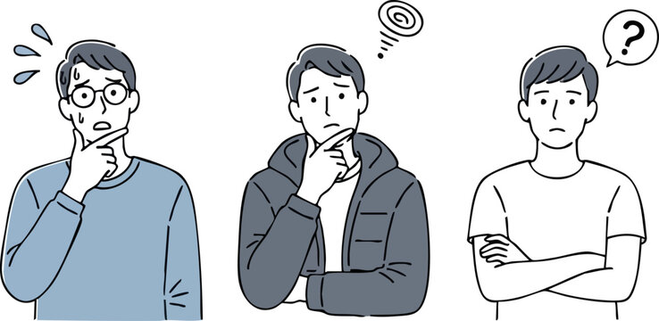 Three men in simple line art, expressing worry, confusion, and puzzlement with distinct poses and symbols.