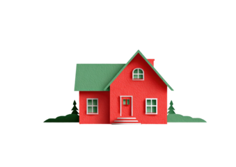 3D model of a small red house with a green roof