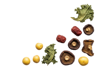 Shriveled dried mushrooms, wrinkled red dates, pale potatoes, brittle kale, and dark lentils scattered on white with copy space, still life natural preservation concept