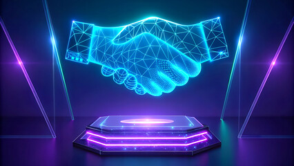 Futuristic holographic handshake symbolizing digital partnership and technology