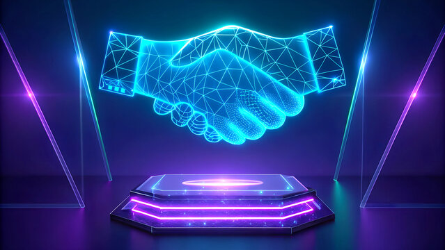 Futuristic holographic handshake symbolizing digital partnership and technology