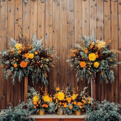 Autumnal Wedding Floral Arrangements Rustic Wooden Background