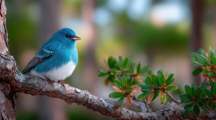 Obraz premium Vibrant Blue Bird Perched on Branch in Cinematic Light Wildlife Scene