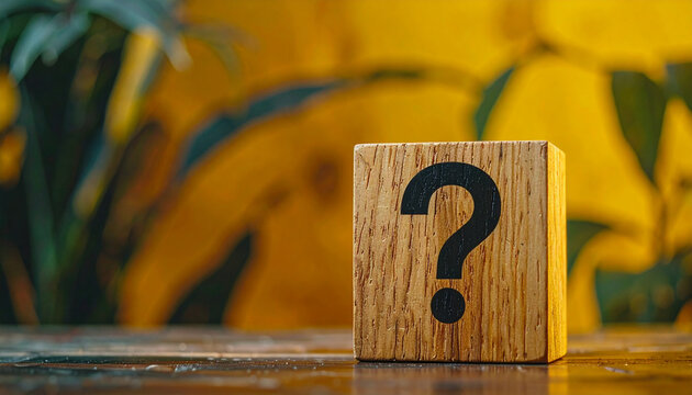 Wooden block with bold question mark against yellow backdrop with plants. FAQ, uncertainty