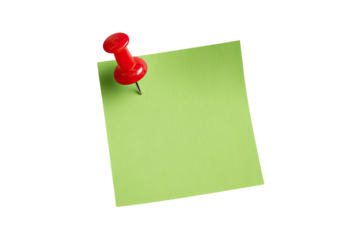 A lime green sticky note with a red pushpin