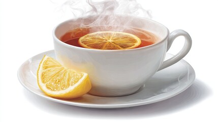 A steaming cup of tea with lemon slice floating inside and another lemon wedge on a saucer, set against a stark white background