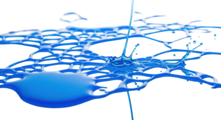 Vibrant electric blue fluorescent liquid, sharp pools, intricate lines, and bursts on transparent, studio macro, high-contrast lighting, concept of digital networks.