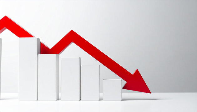Minimalist red graph with bold red arrow pointing downward, business risk, financial decline