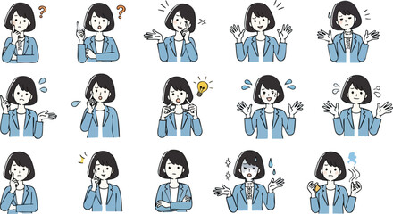 Vector illustration set of a short-haired woman in a blue blazer expressing various emotions and gestures