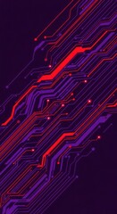 Abstract image featuring interconnected red and purple lines resembling a circuit board pattern.