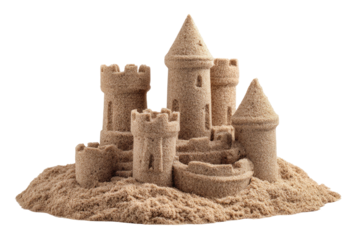 Detailed sandcastle on white background