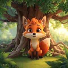 Fox in the woods. 3D animation style cute cartoon fox sitting under a big tree.