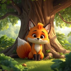 Fox in the woods. 3D animation style cute cartoon fox sitting under a big tree.