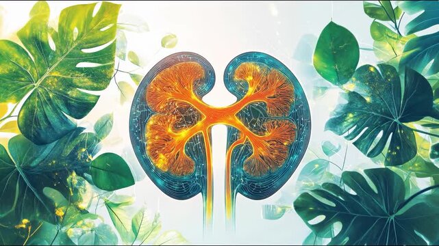 a cross-section of human kidneys, surrounded by stylized leaves and foliage.