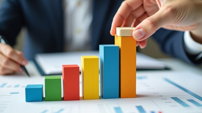 A hand places a block on colorful ascending wooden blocks over business charts.