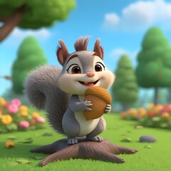Squirrel in the park. 3D animation style cute cartoon squirrel holding an acorn.