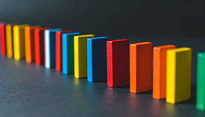 Colorful dominoes. Market trends and chain reactions, dynamics and economic flow concept.