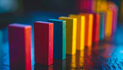Colorful dominoes. Market trends and chain reactions, dynamics and economic flow concept.
