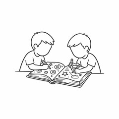 Two children are drawing in a large open book, filling it with stars, spirals, and clouds.