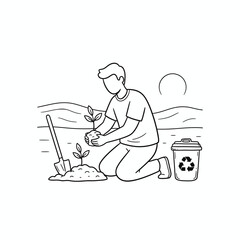 A person kneeling, planting a small tree in the ground, with a shovel and recycle bin.