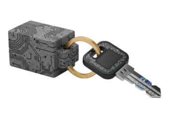 Ultra-detailed dark grey concrete-block keychain with etched circuit patterns, brass ring, matte black biometric access key on transparent, soft studio light, concept of digital security