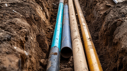 Underground pipes in a trench. Various colored pipes: blue, gray and yellow. Construction work for utility infrastructure. Visible dirt walls of the ditch.