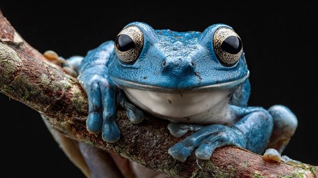 A vibrant blue amphibian, perched on a brown branch with mottled texture, against a deep black backdrop