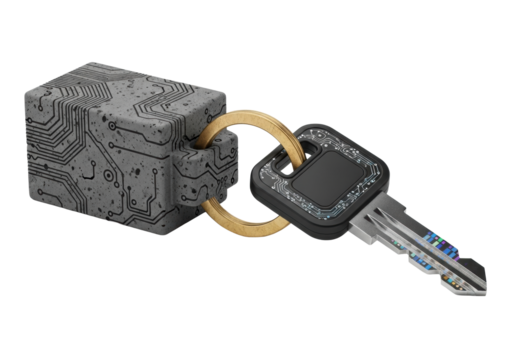 Ultra-detailed dark grey concrete-block keychain with etched circuit patterns, brass ring, matte black biometric access key on transparent, soft studio light, concept of digital security