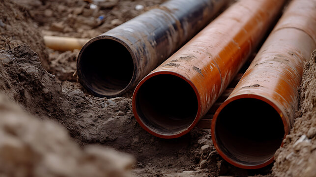 Construction zone with new pipes laid in a trench for utility infrastructure. Focus is on connecting essential services.