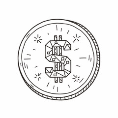 Line art illustration of a coin with a geometric dollar sign, radiating light.